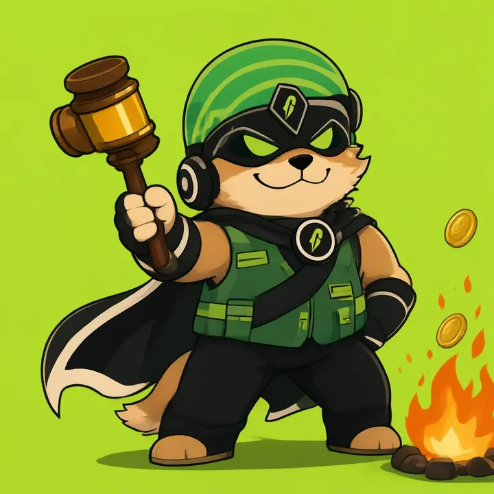 A caped inu in a green vest beside a bonfire, coins flying in