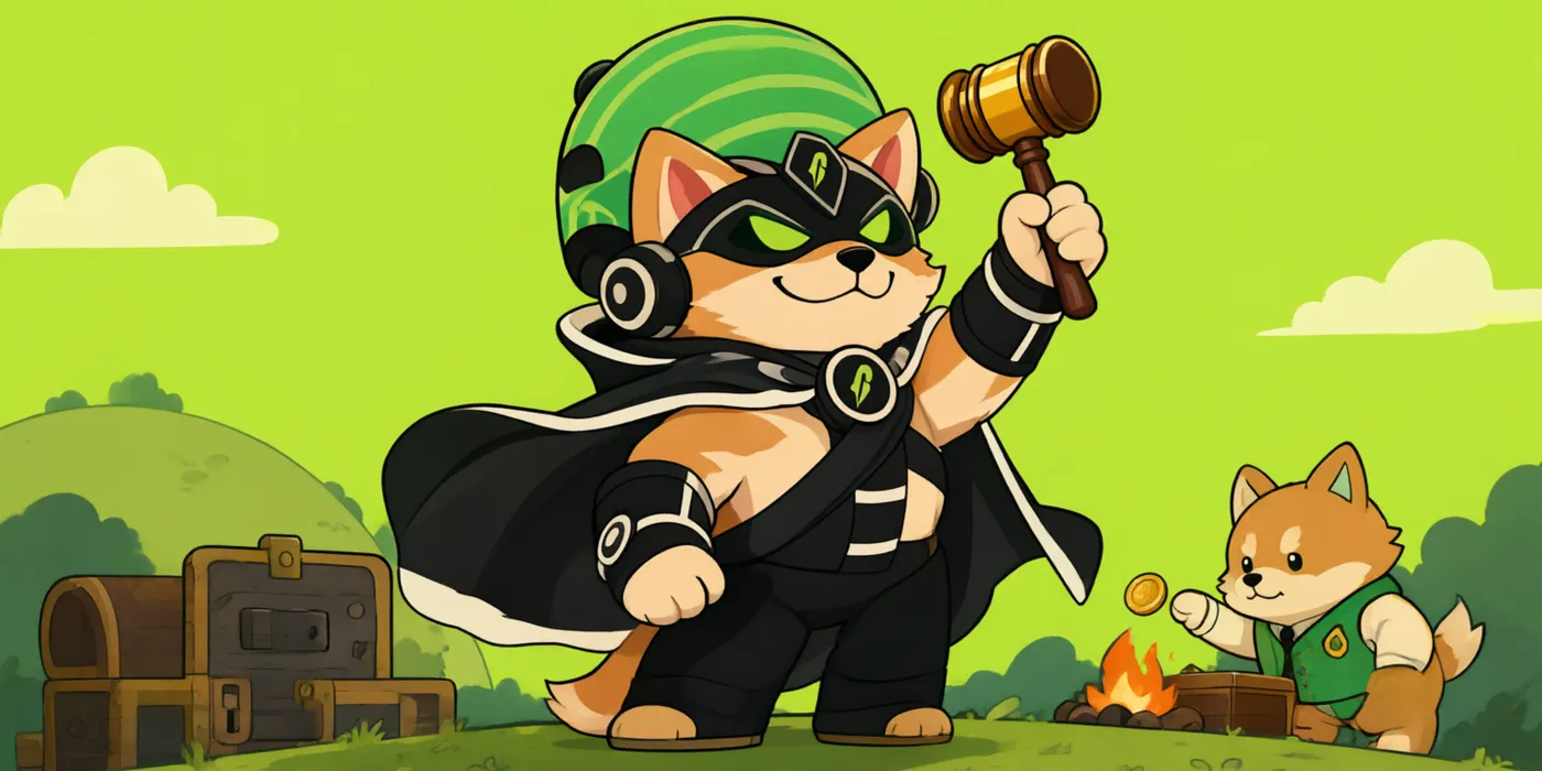 Captain Quorum raising his gavel while the Treasury Hound tosses a coin into the bonfire